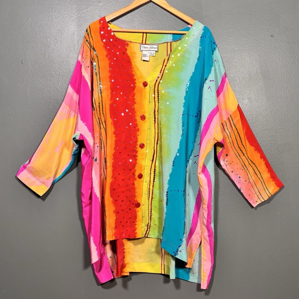 Vintage Diane Gilman 100% Silk Tunic Top Womens One Size Rainbow Abstract Sequin